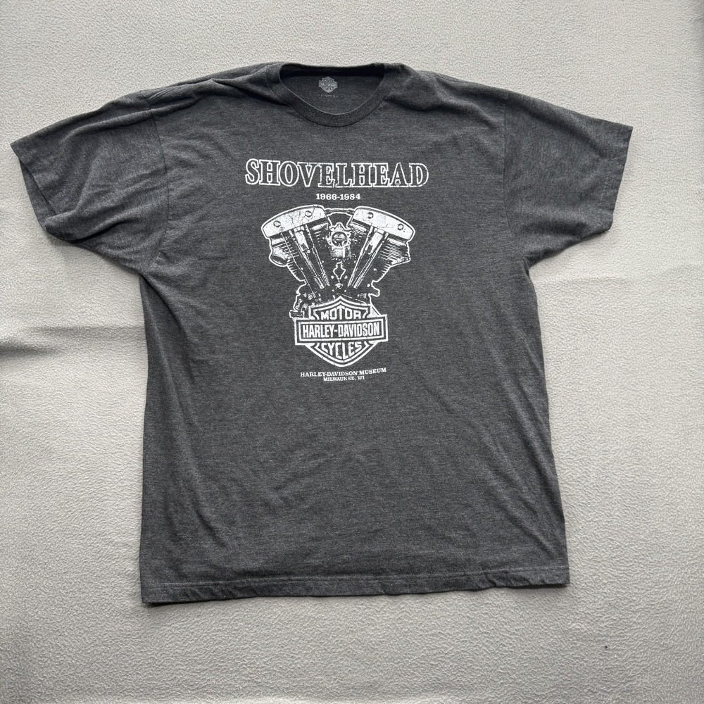 Harley-Davidson Shirt Mens XL Gray Shovelhead Museum Graphic Tee Tagless Biker.